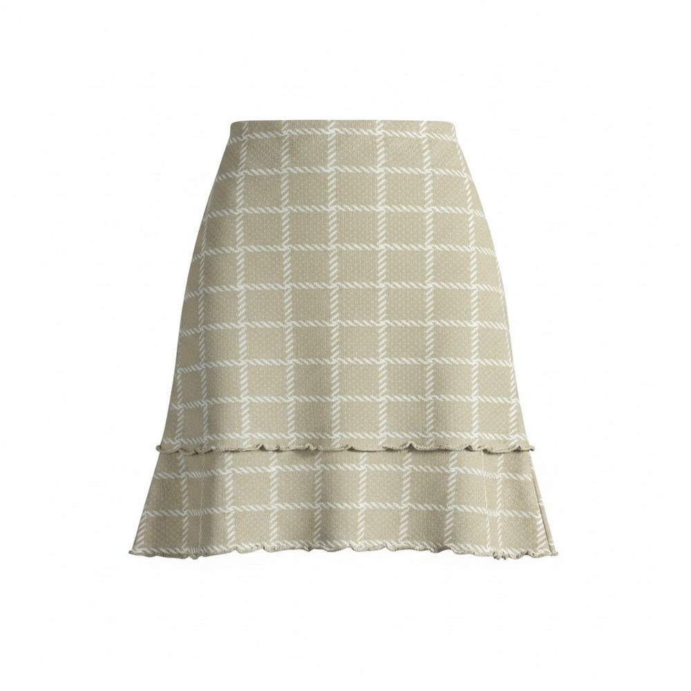 Womens Y2K Tan White Plaid Knit Ruffle Hem Skirt Lettuce Edge Preppy Mid-Length